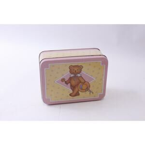Little Tin Box with a Teddy Bear holding a Hat and a Flower, Pink-Yellow, Floral